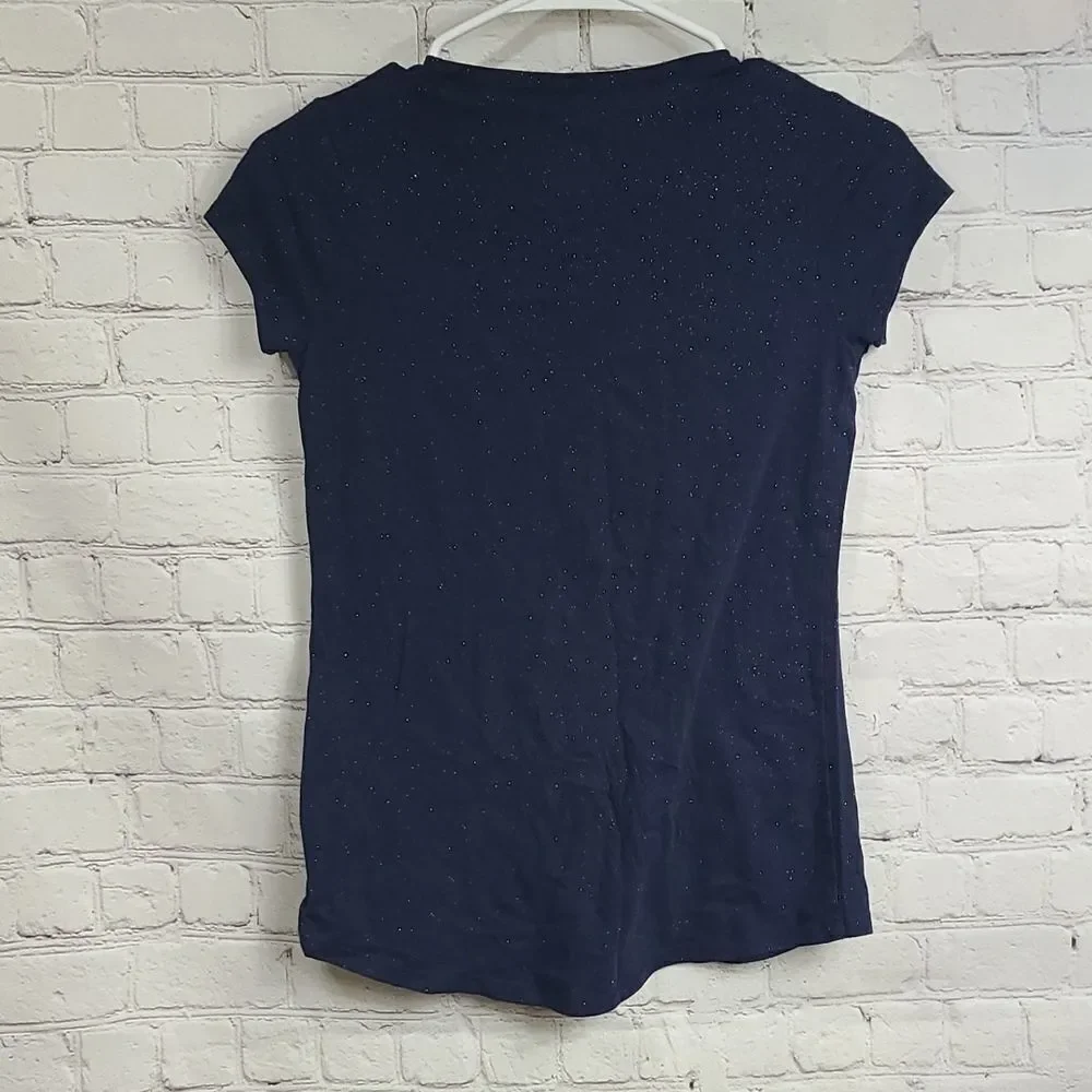 Justice Girls Navy Blue Glitter Tee Peace Sign Short Sleeve Fitted Knit T-Shirt